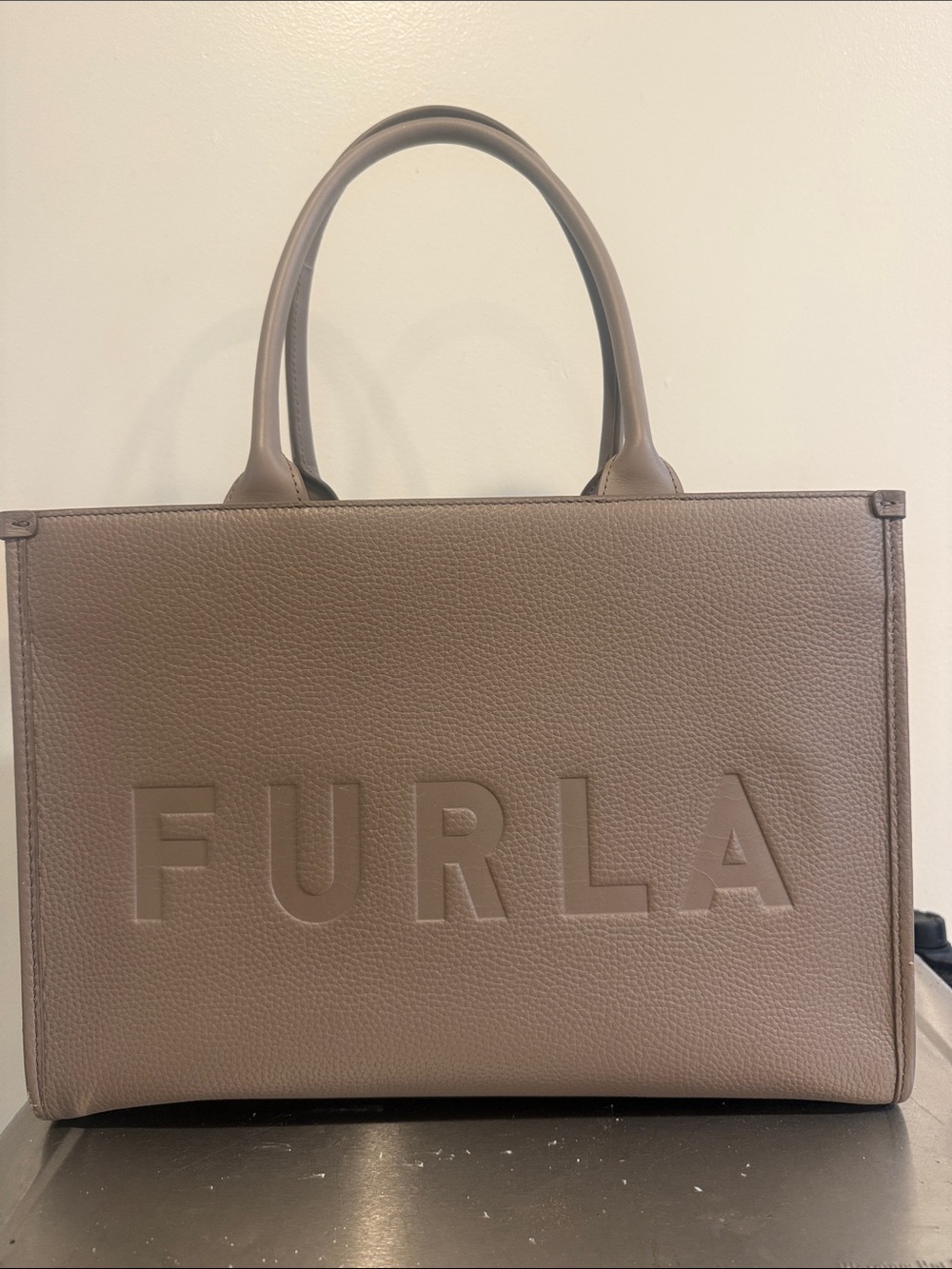 Furla Taupe Pebbled Leather Tote with Embossed Logo